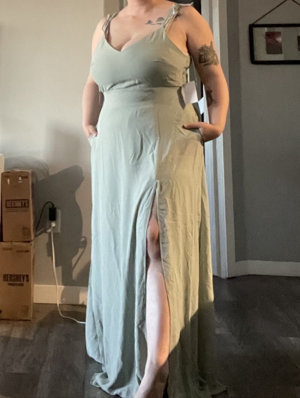 Birdy Grey Sage Green Maxi Dress with Side Slit